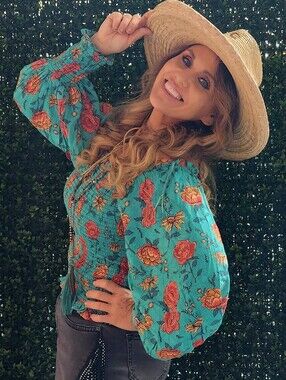 Rock & Roll Denim Turquoise Floral Off-Shoulder Smocked Top Puff Sleeves Sz Lg
